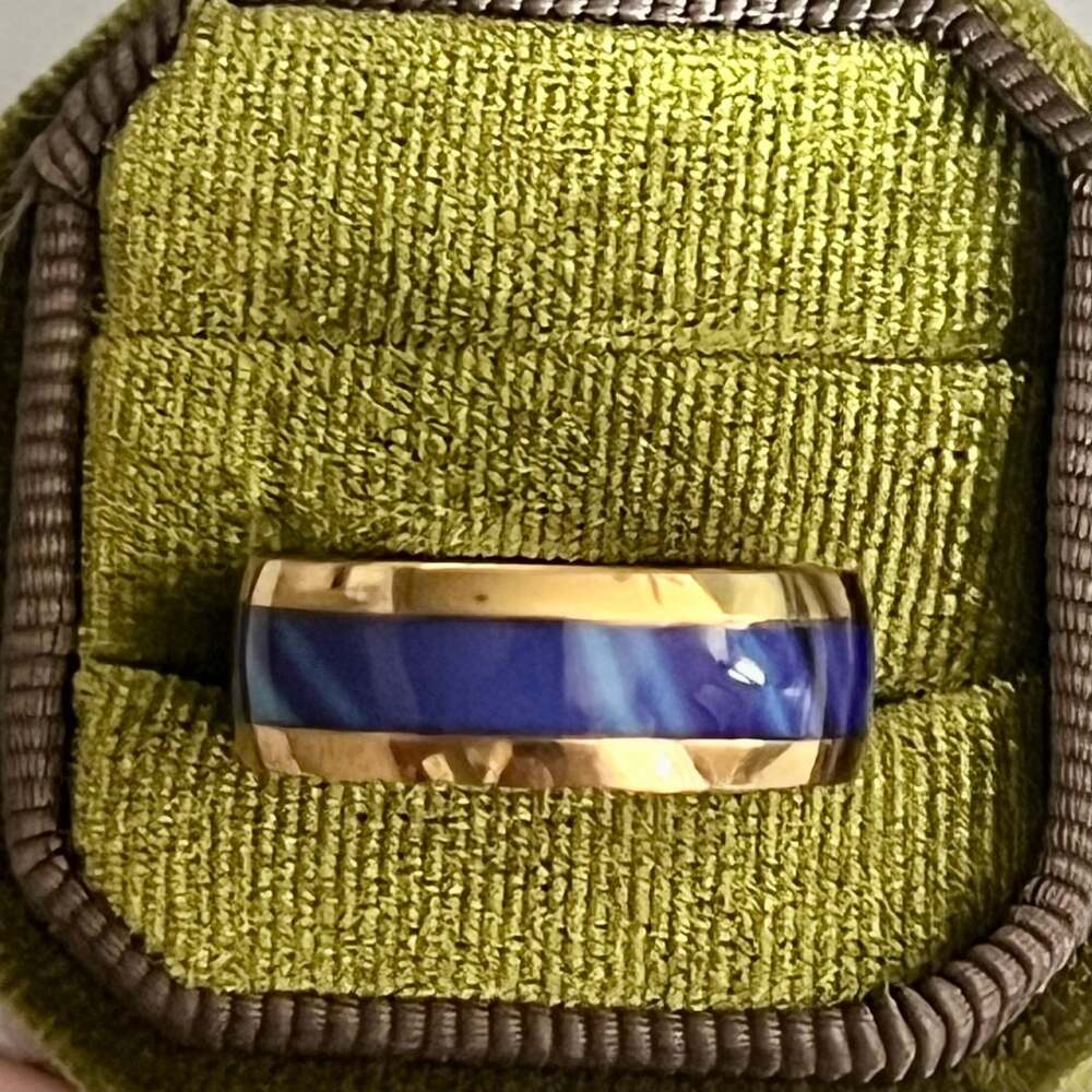 Tungsten Steel Men's High Polished Blue Marble Gold Plated Rims 8mm Ring 11